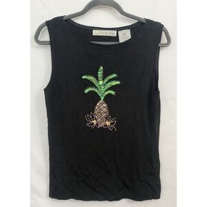 Lucia Burns Fine Knit Black‎ Sequin Pineapple Tank Top Rayon Blend Womens Size L
